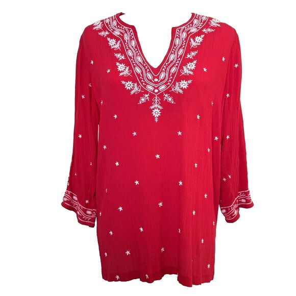 Cathy Daniels Tops - Vtg Red Embroidered Tunic Women’s M 3/4 Sleeve Blouse Boho Folk Peasant Festival